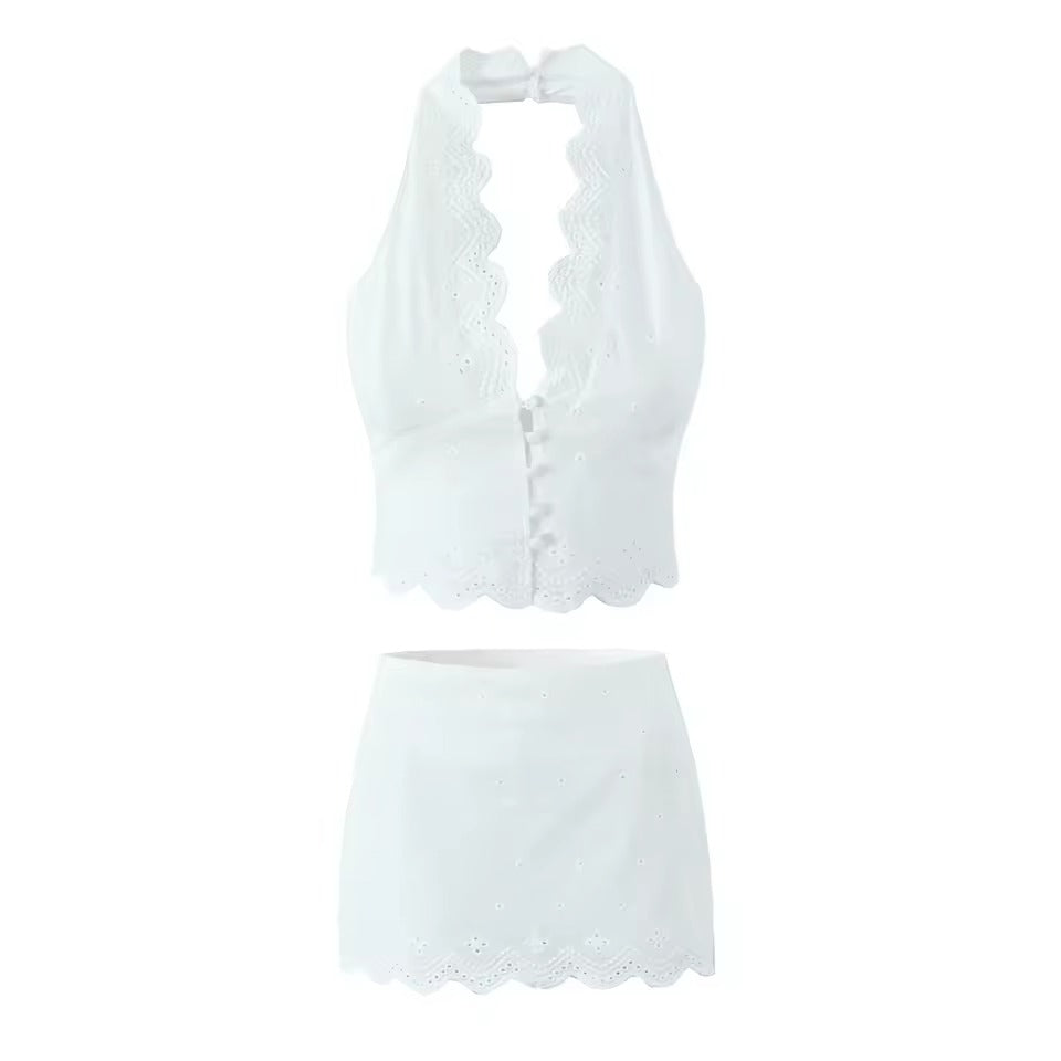 Embroidery Hollow Out Lace Top And Side Zipper Mini Skirt 2 Pieces Set Mssza