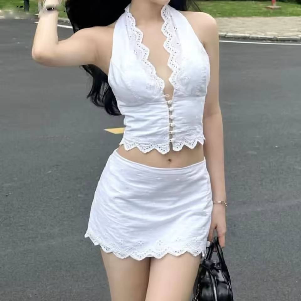 Embroidery Hollow Out Lace Top And Side Zipper Mini Skirt 2 Pieces Set Mssza