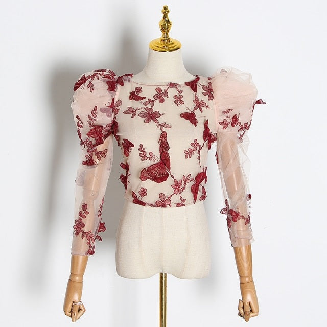 Butterfly O Neck Puff Sleeve Perspective Top Mssza
