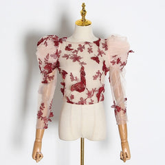 Butterfly O Neck Puff Sleeve Perspective Top Mssza