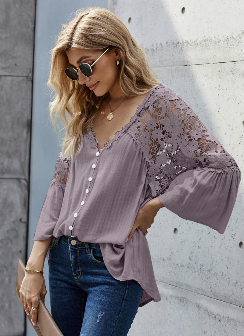 Erotic 3/4 Length Sleeves Tees Sheer Lace Buttons V-Neck Tee Shirt Mssza