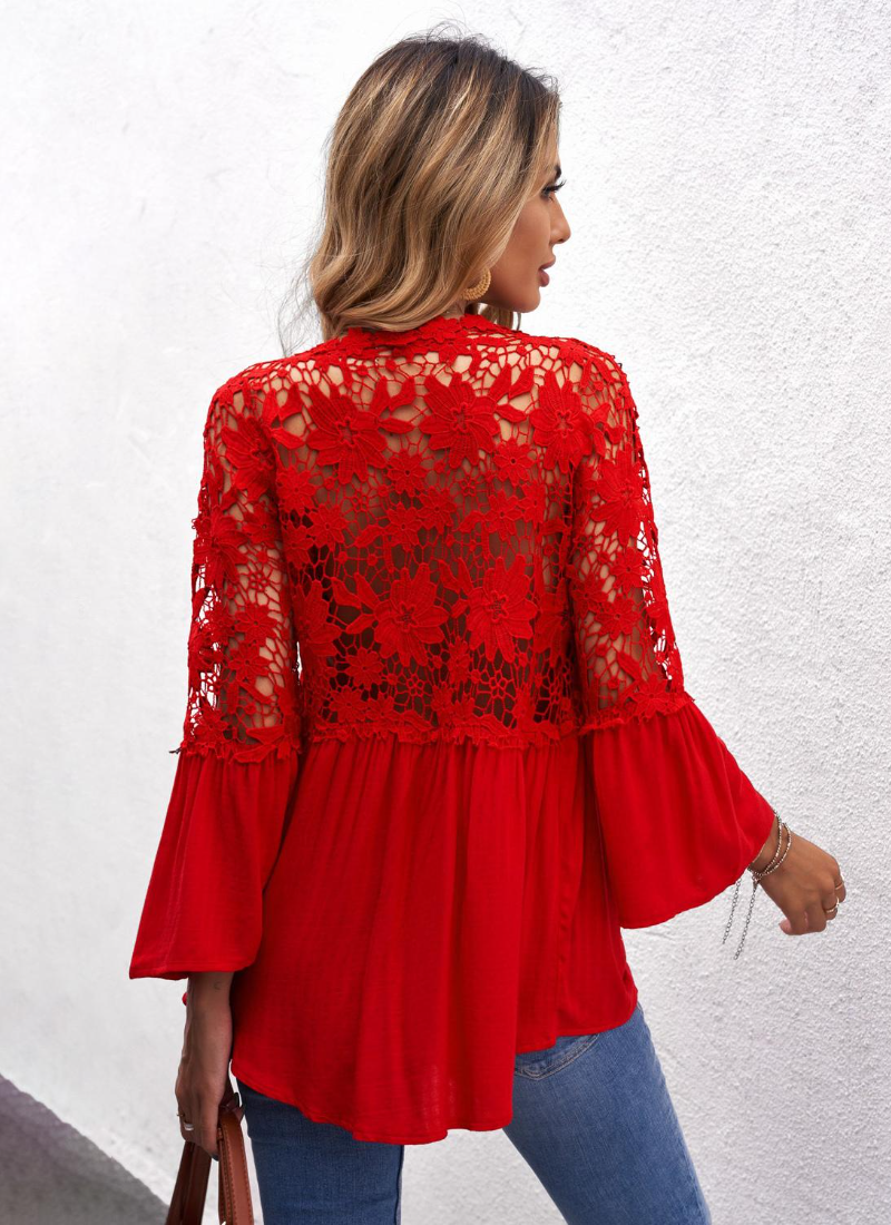 Erotic 3/4 Length Sleeves Tees Sheer Lace Buttons V-Neck Tee Shirt Mssza