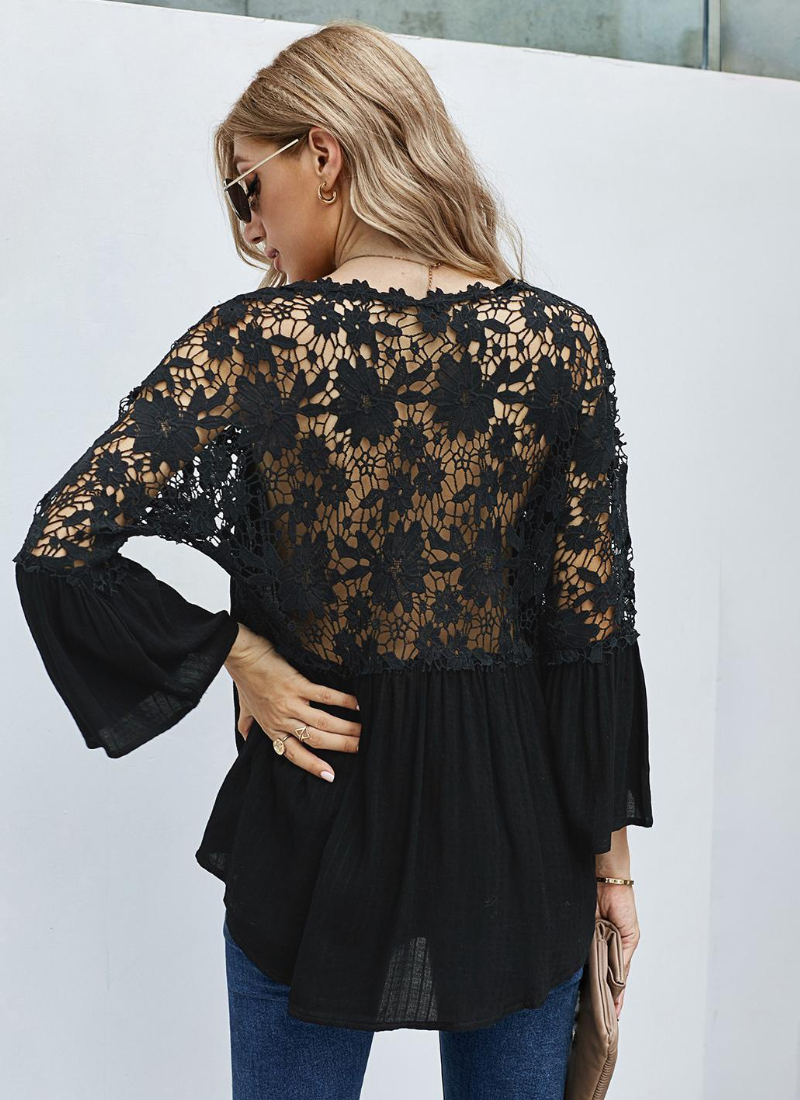 Erotic 3/4 Length Sleeves Tees Sheer Lace Buttons V-Neck Tee Shirt Mssza