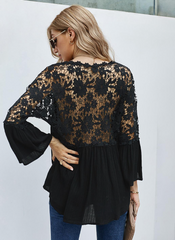 Erotic 3/4 Length Sleeves Tees Sheer Lace Buttons V-Neck Tee Shirt Mssza