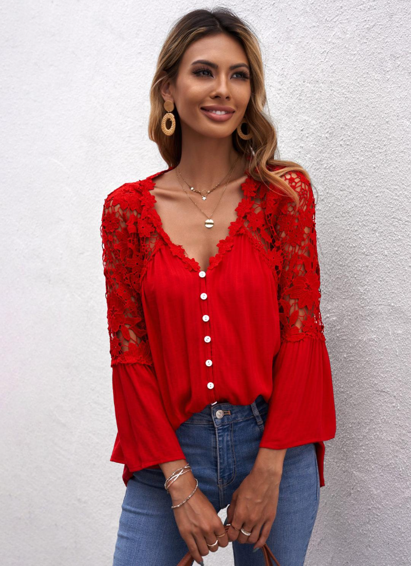 Erotic 3/4 Length Sleeves Tees Sheer Lace Buttons V-Neck Tee Shirt Mssza