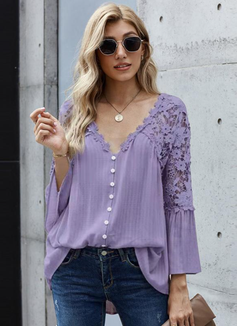 Erotic 3/4 Length Sleeves Tees Sheer Lace Buttons V-Neck Tee Shirt Mssza