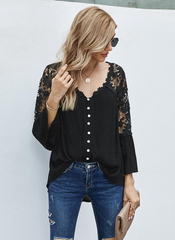 Erotic 3/4 Length Sleeves Tees Sheer Lace Buttons V-Neck Tee Shirt Mssza