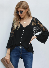 Erotic 3/4 Length Sleeves Tees Sheer Lace Buttons V-Neck Tee Shirt Mssza