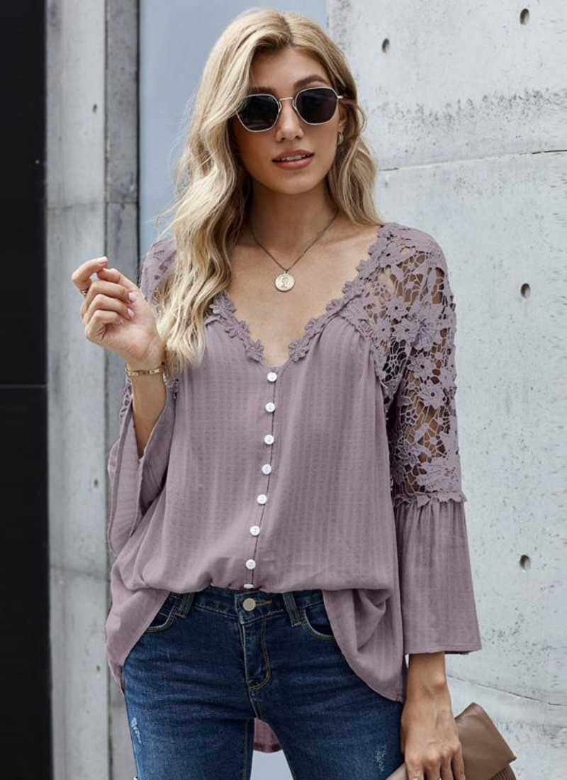 Erotic 3/4 Length Sleeves Tees Sheer Lace Buttons V-Neck Tee Shirt Mssza