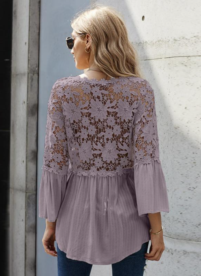 Erotic 3/4 Length Sleeves Tees Sheer Lace Buttons V-Neck Tee Shirt Mssza