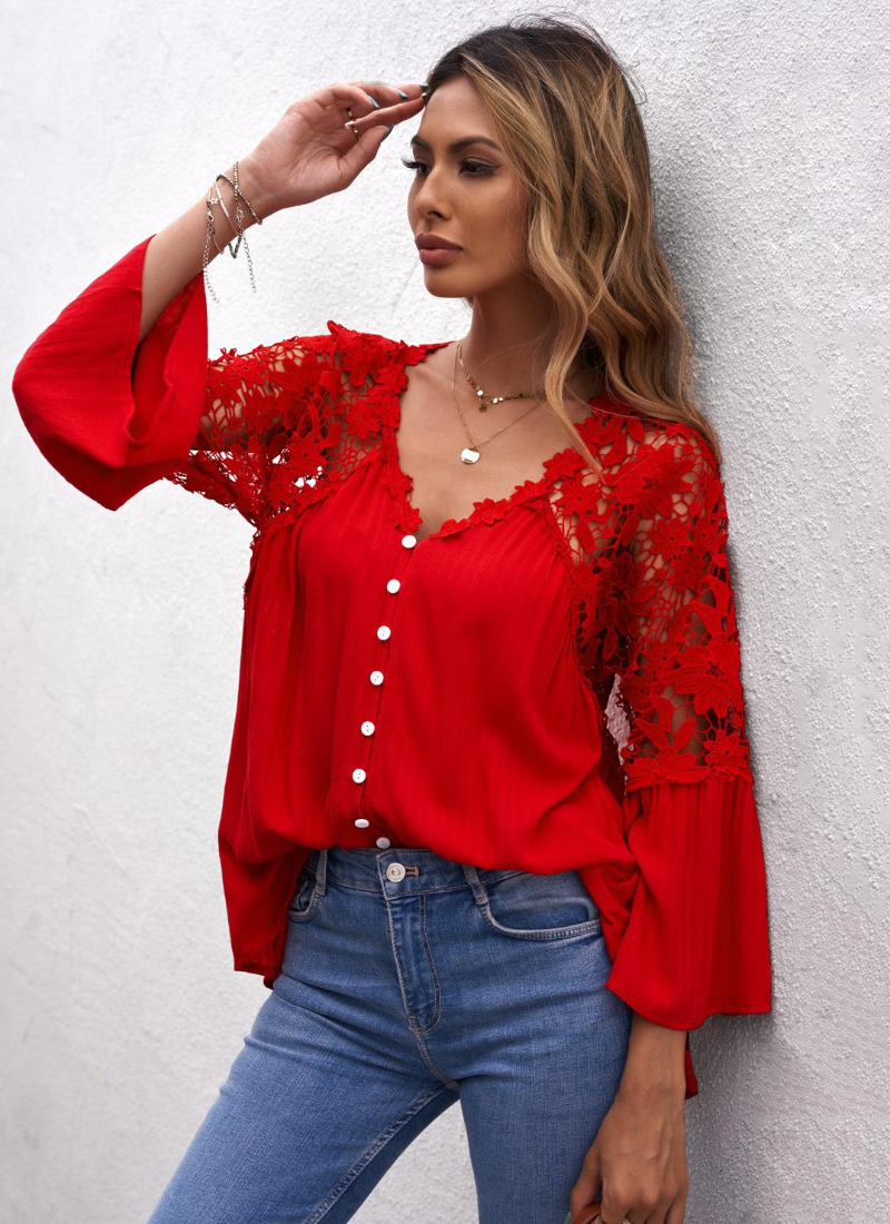 Erotic 3/4 Length Sleeves Tees Sheer Lace Buttons V-Neck Tee Shirt Mssza