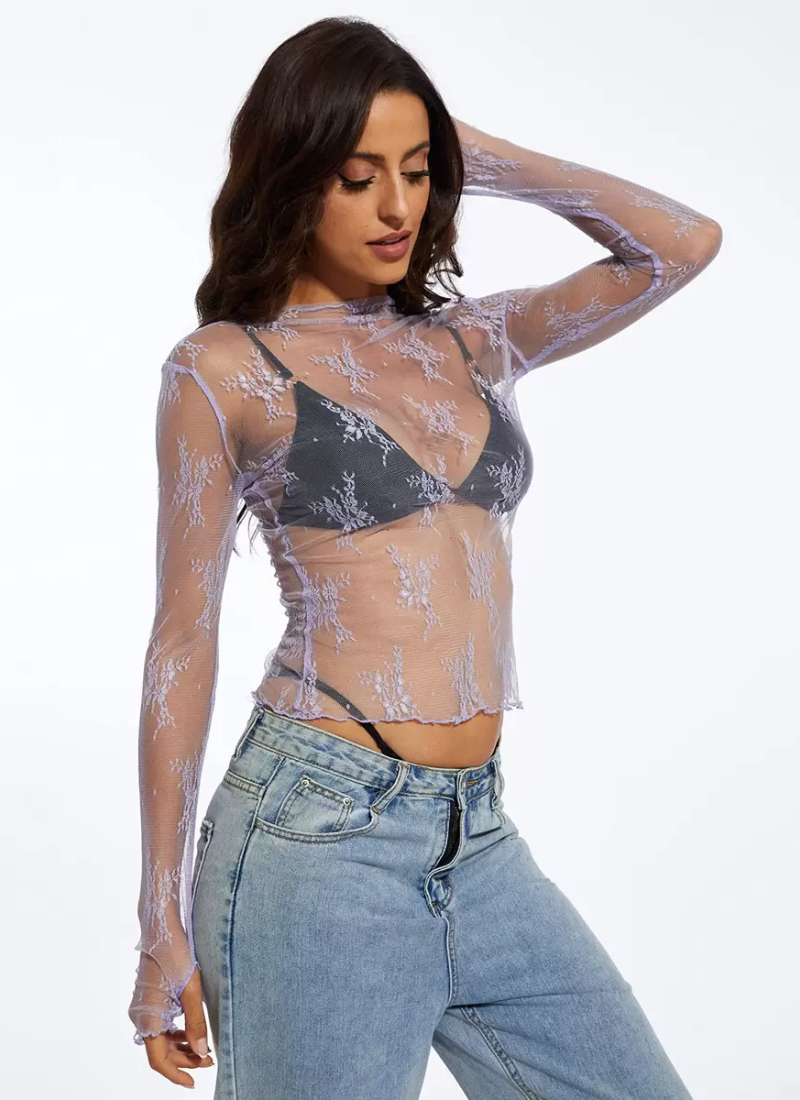 Erotic Lace Long Sleeves Tees Jewel Neck Beautiful T-Shirt Mssza