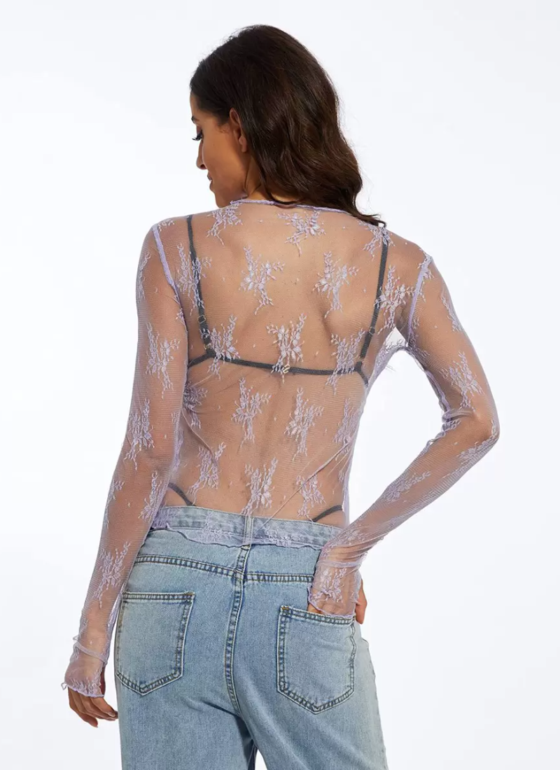 Erotic Lace Long Sleeves Tees Jewel Neck Beautiful T-Shirt Mssza