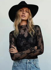 Erotic Lace Long Sleeves Tees Jewel Neck Beautiful T-Shirt Mssza