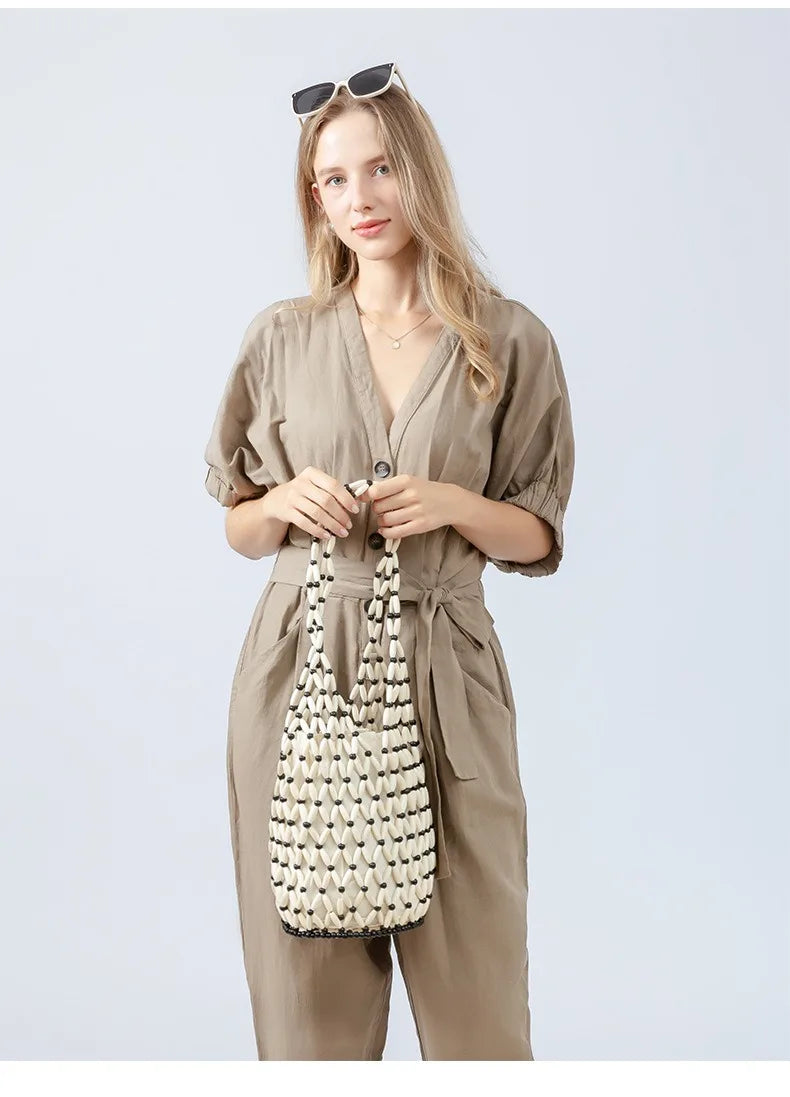 Exquisite Design Hollow-out Wooden Bead Tote Bucket Woven Hand Shoulder Bag Mssza