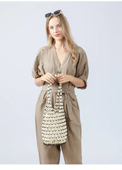 Exquisite Design Hollow-out Wooden Bead Tote Bucket Woven Hand Shoulder Bag Mssza