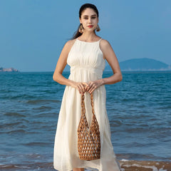 Exquisite Design Hollow-out Wooden Bead Tote Bucket Woven Hand Shoulder Bag Mssza