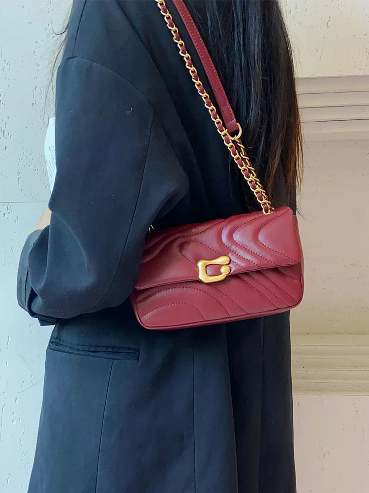 Exquisite Solid Genuine Leather Embroidered Chain Versatile Crossbody Shoulder Bag Mssza