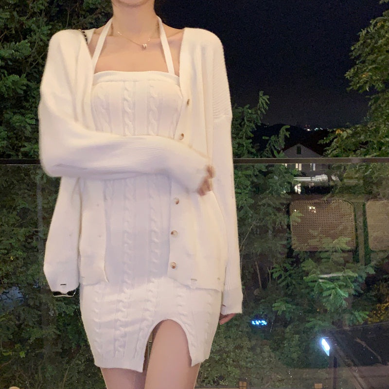 Cardigan Knitting Sweater and Sling Mini Dress Set Mssza