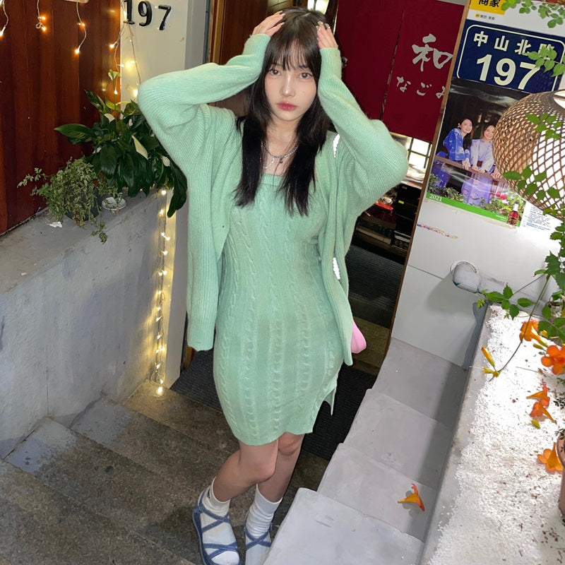 Cardigan Knitting Sweater and Sling Mini Dress Set Mssza