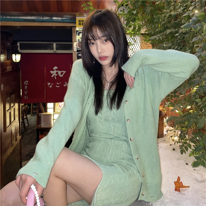 Cardigan Knitting Sweater and Sling Mini Dress Set Mssza