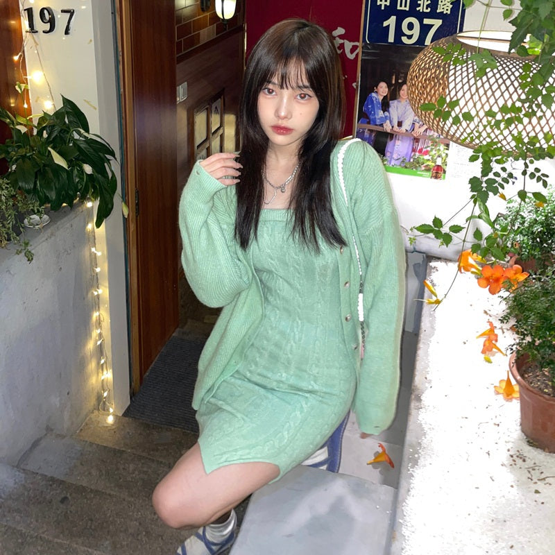 Cardigan Knitting Sweater and Sling Mini Dress Set Mssza
