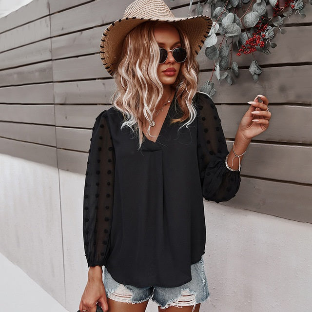 Casual Long Sleeve V-neck Loose Blouse Mssza