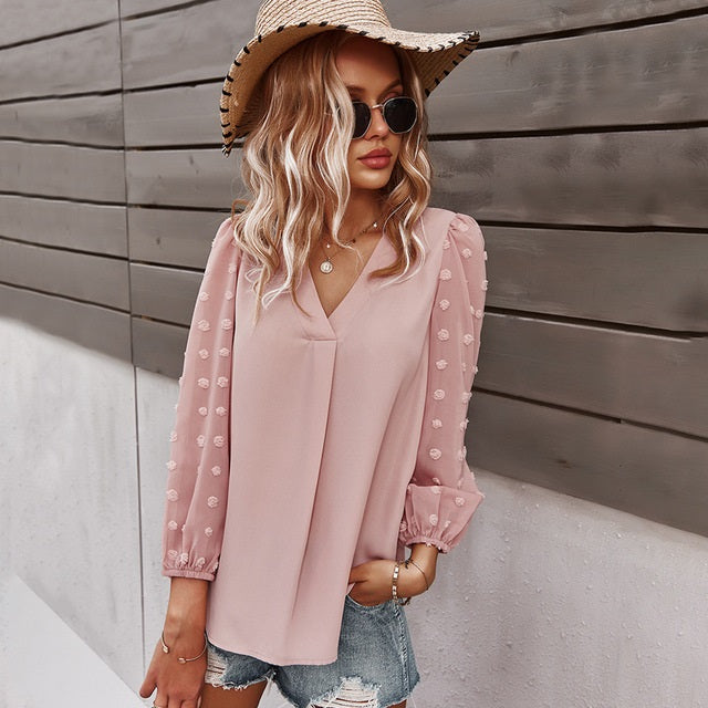 Casual Long Sleeve V-neck Loose Blouse Mssza