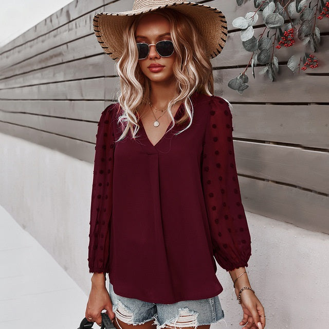 Casual Long Sleeve V-neck Loose Blouse Mssza