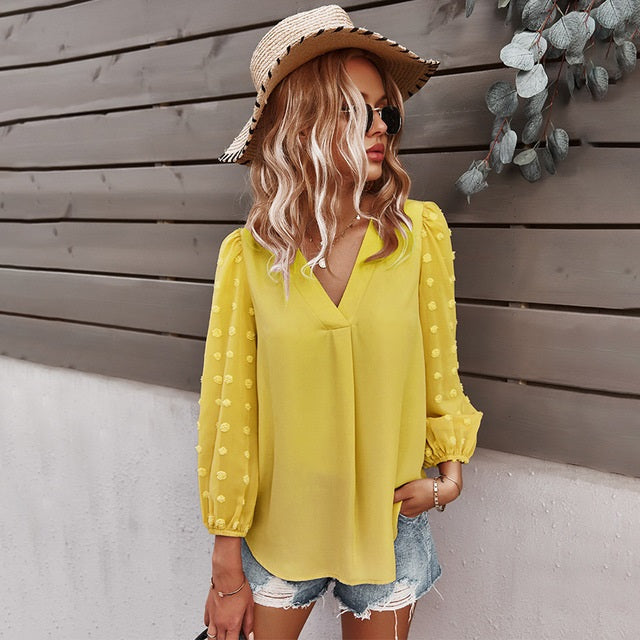 Casual Long Sleeve V-neck Loose Blouse Mssza