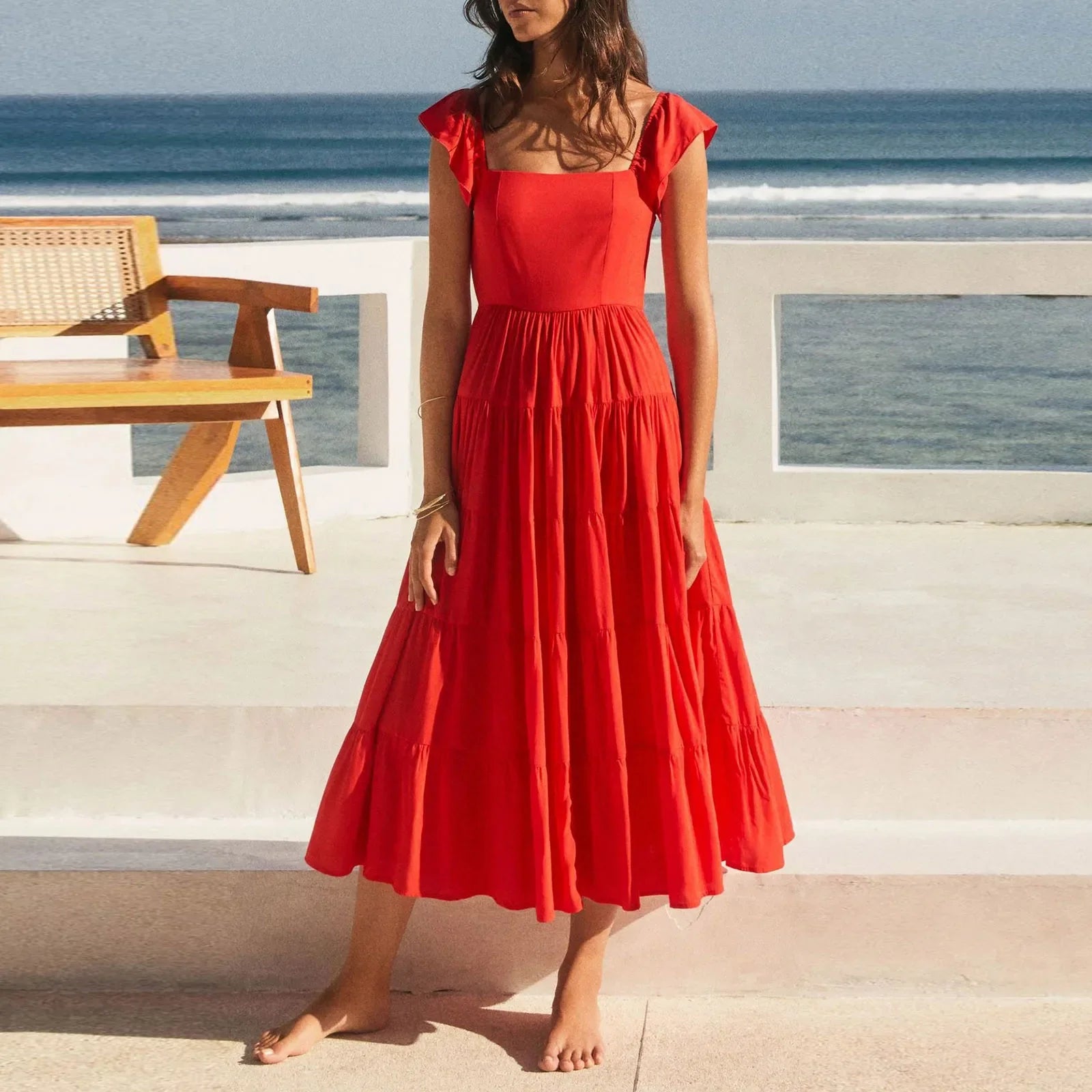 Vintage Backless Wide Ruffles Straps Female Casual Sleeveless Plaid Vacation Beach Sun Dress Mssaz Desses