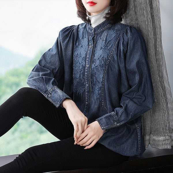 Cotton Denim Shirts Embroidery Blouses Tops Mssza