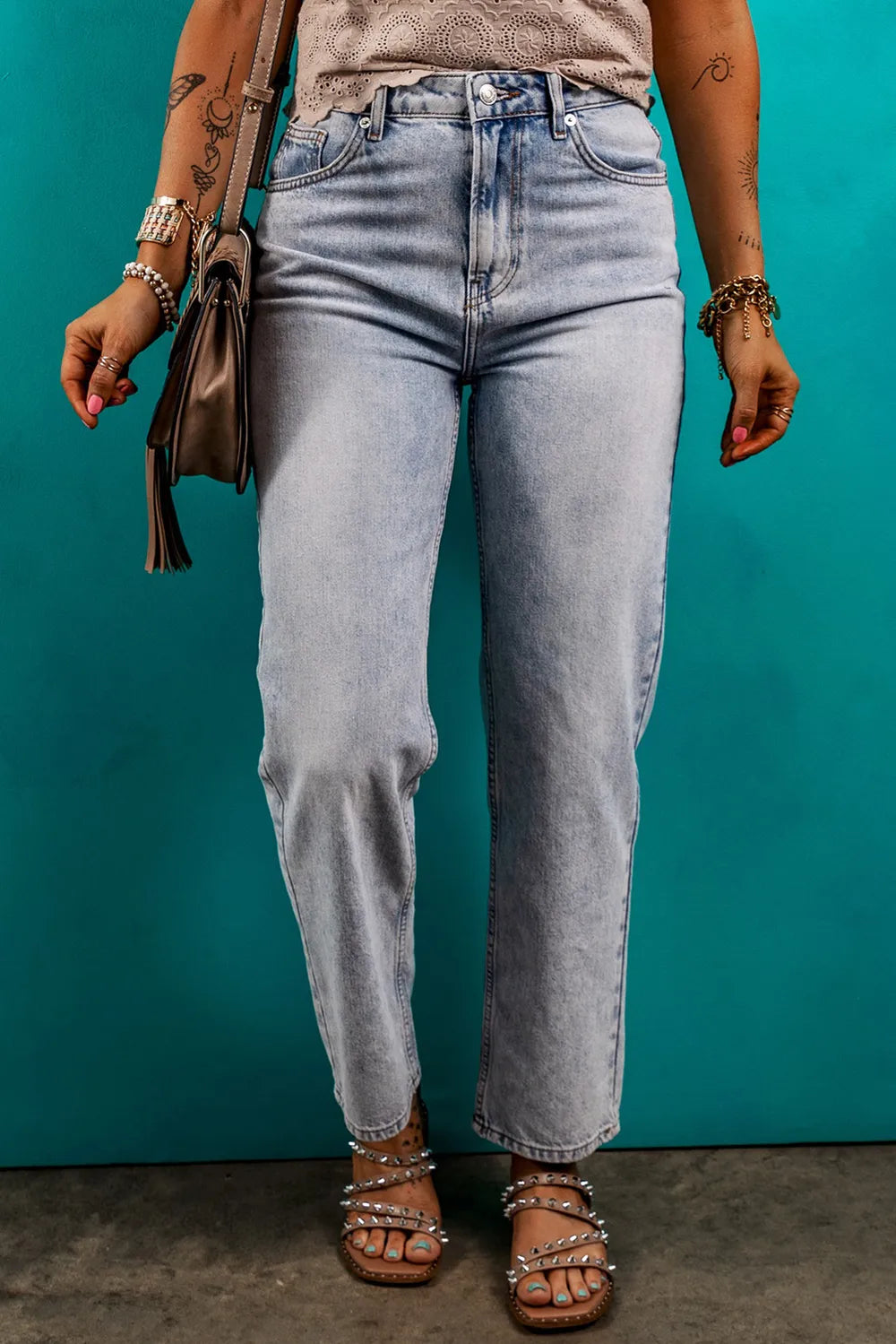 Elegant Daily Casual Pocketed Mid-Rise Waist Jeans Pants Mssza