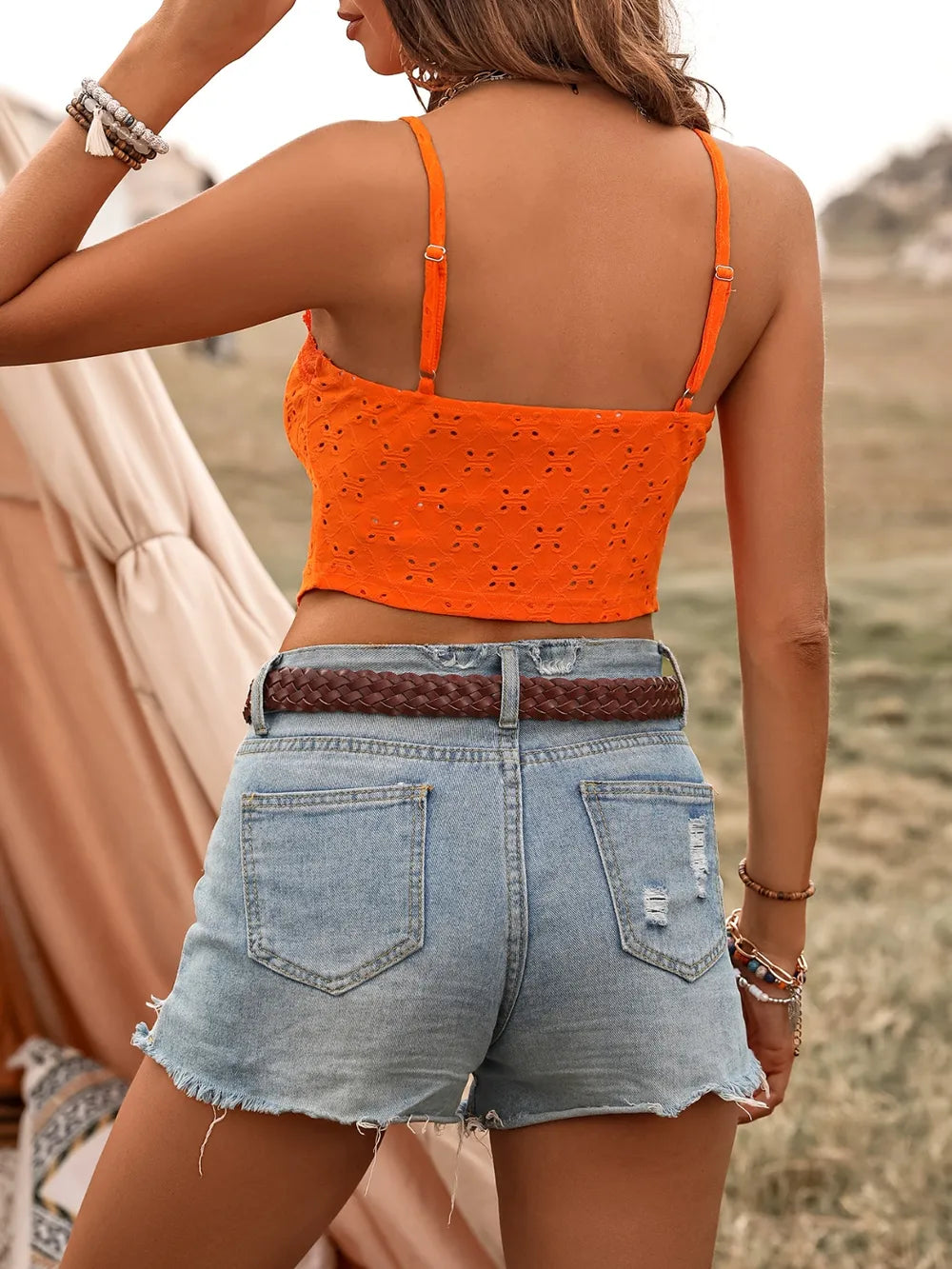 Elegant Lace Up Sleeveless Tied Ruffled Eyelet V-Neck Top Mssza