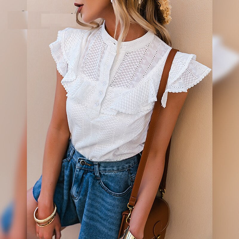 Elegant ruffled lace Embroidery button casual top Mssza