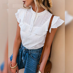 Elegant ruffled lace Embroidery button casual top Mssza
