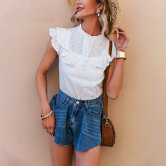Elegant ruffled lace Embroidery button casual top Mssza