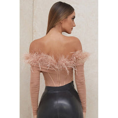 Feathers Off Shoulder Long Sleeve Bodysuit Mssza
