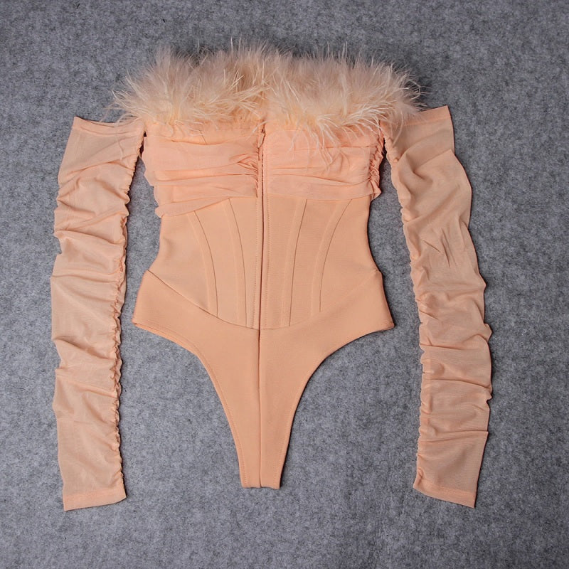Feathers Off Shoulder Long Sleeve Bodysuit Mssza