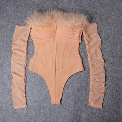 Feathers Off Shoulder Long Sleeve Bodysuit Mssza
