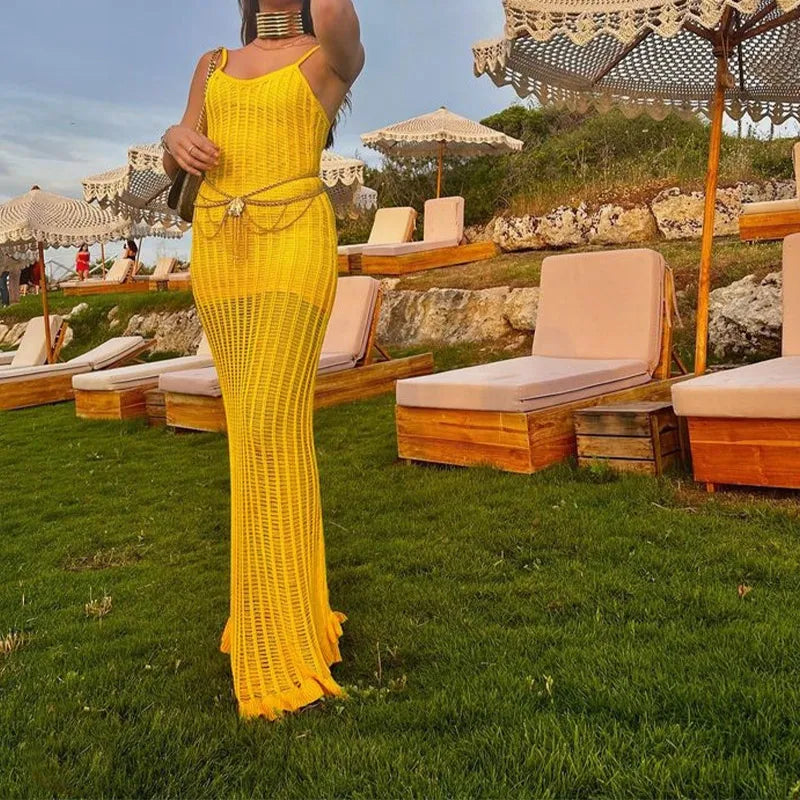 Half See Through Yellow V-Neck Sleeveless Backless Slim Elegant Beach Maxi Dress Mssaz Desses