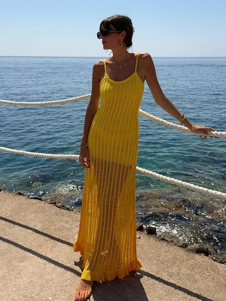 Half See Through Yellow V-Neck Sleeveless Backless Slim Elegant Beach Maxi Dress Mssaz Desses