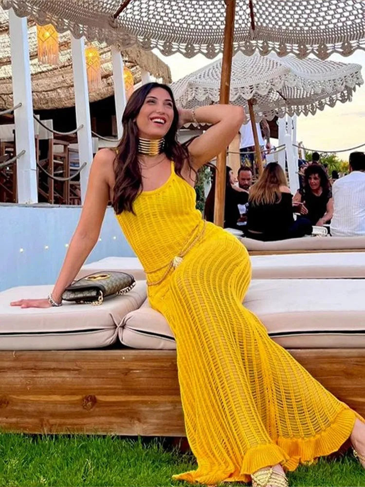 Half See Through Yellow V-Neck Sleeveless Backless Slim Elegant Beach Maxi Dress Mssaz Desses