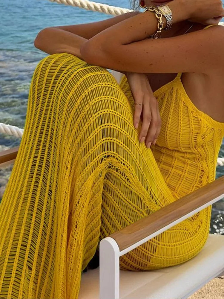 Half See Through Yellow V-Neck Sleeveless Backless Slim Elegant Beach Maxi Dress Mssaz Desses