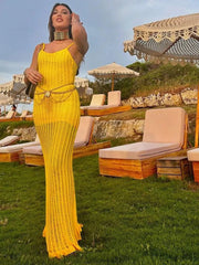 Half See Through Yellow V-Neck Sleeveless Backless Slim Elegant Beach Maxi Dress Mssaz Desses