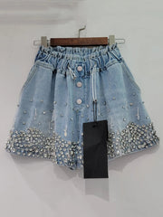 High Elastic Waist Tassel Diamond Wide Leg Denim Short Mssza