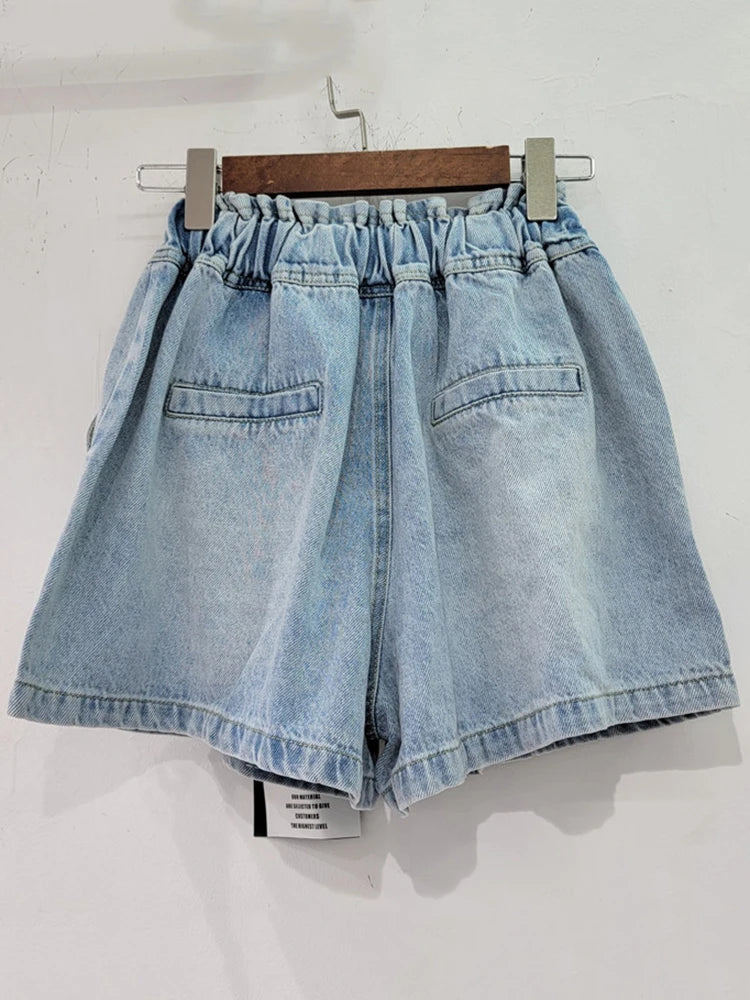 High Elastic Waist Tassel Diamond Wide Leg Denim Short Mssza