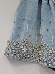 High Elastic Waist Tassel Diamond Wide Leg Denim Short Mssza