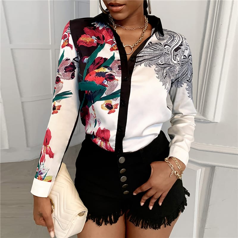 Lapel Single Breasted Floral Printed Blouse Mssza