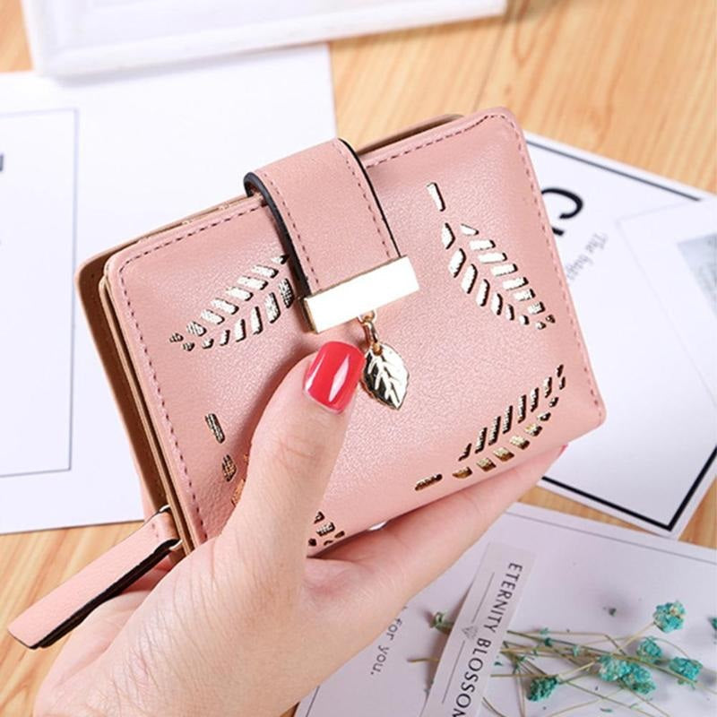 Leaf Hollow Out PU Leather Card Holder Short Wallet Mssza